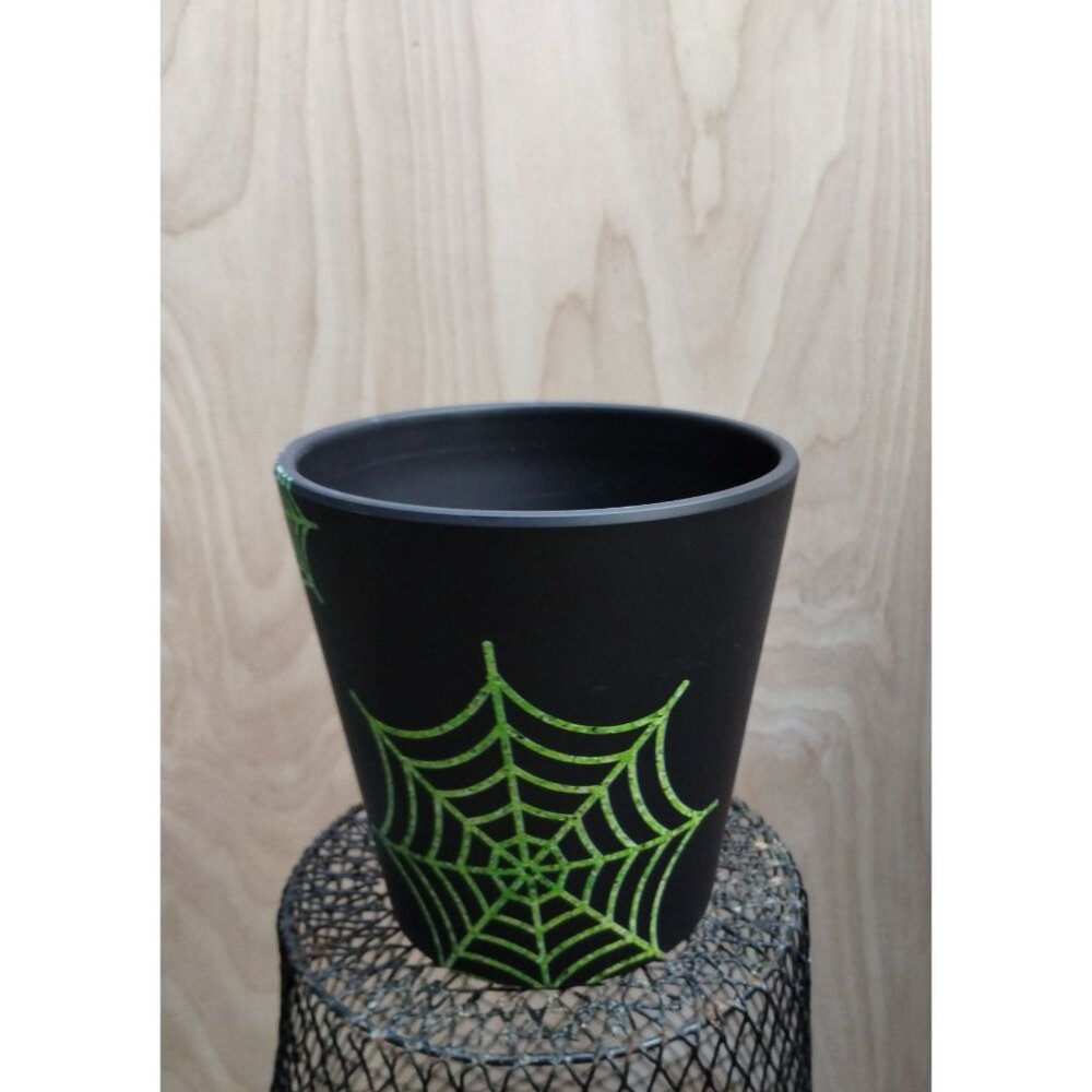 Black Plant Pot With Green Spider Web Design 5 Inches Halloween Themed Decor Pot